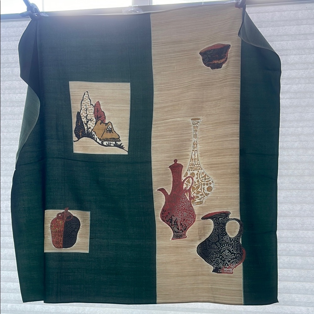 Vintage Japanese Green and Beige Scarf with Vase Design